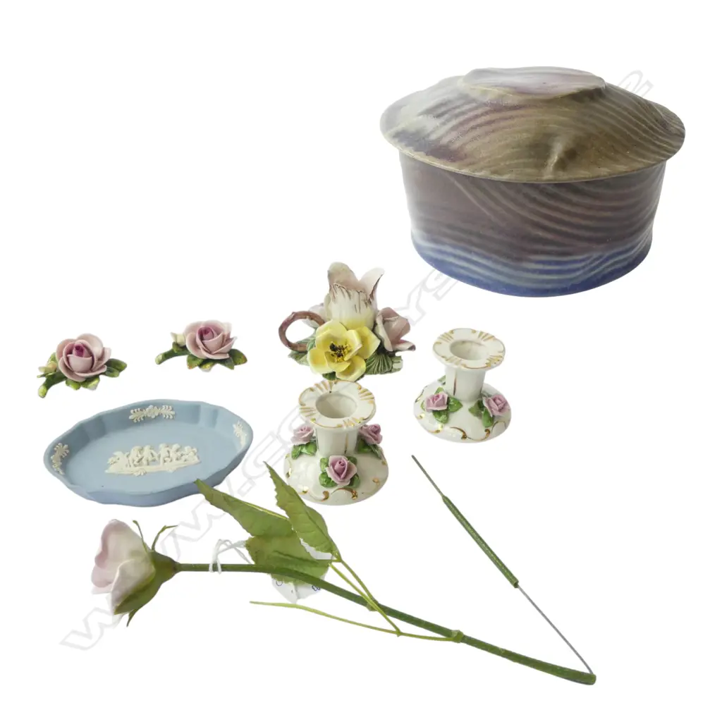 ASST. FLORAL CHINA (SOME SMALL CHIPS) w. ROSENTHAL POTTERY LIDDED BOX W.150mm  & WEDGWOOD Image 1++