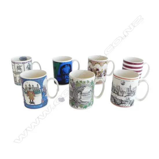 6 ASST. WEDGWOOD COMMEMORATIVE MUGS + RALPH LAUREN AMERICA MUG