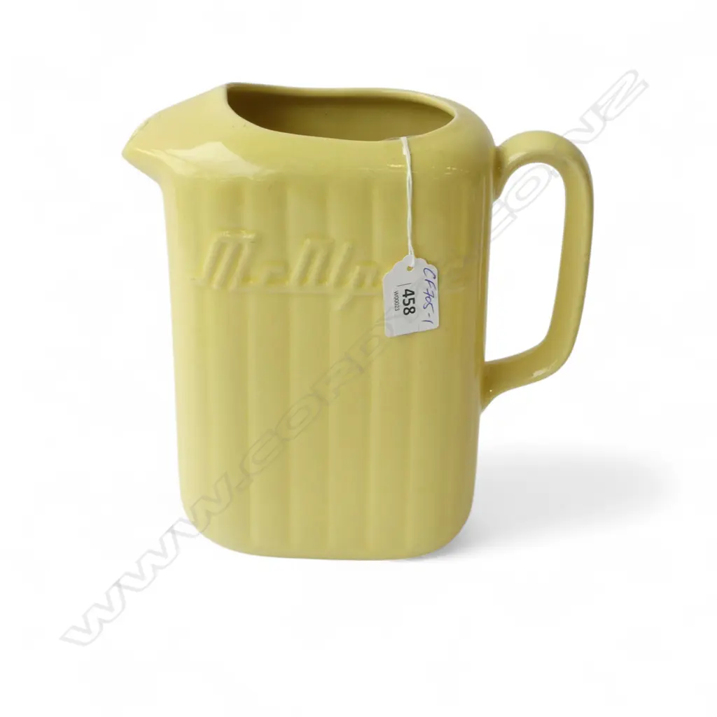 Crown Lynn original lemon yellow refrigerator jug ribbed tall rectangular section form 'McAlpine' both sides H.220mm Image 1++