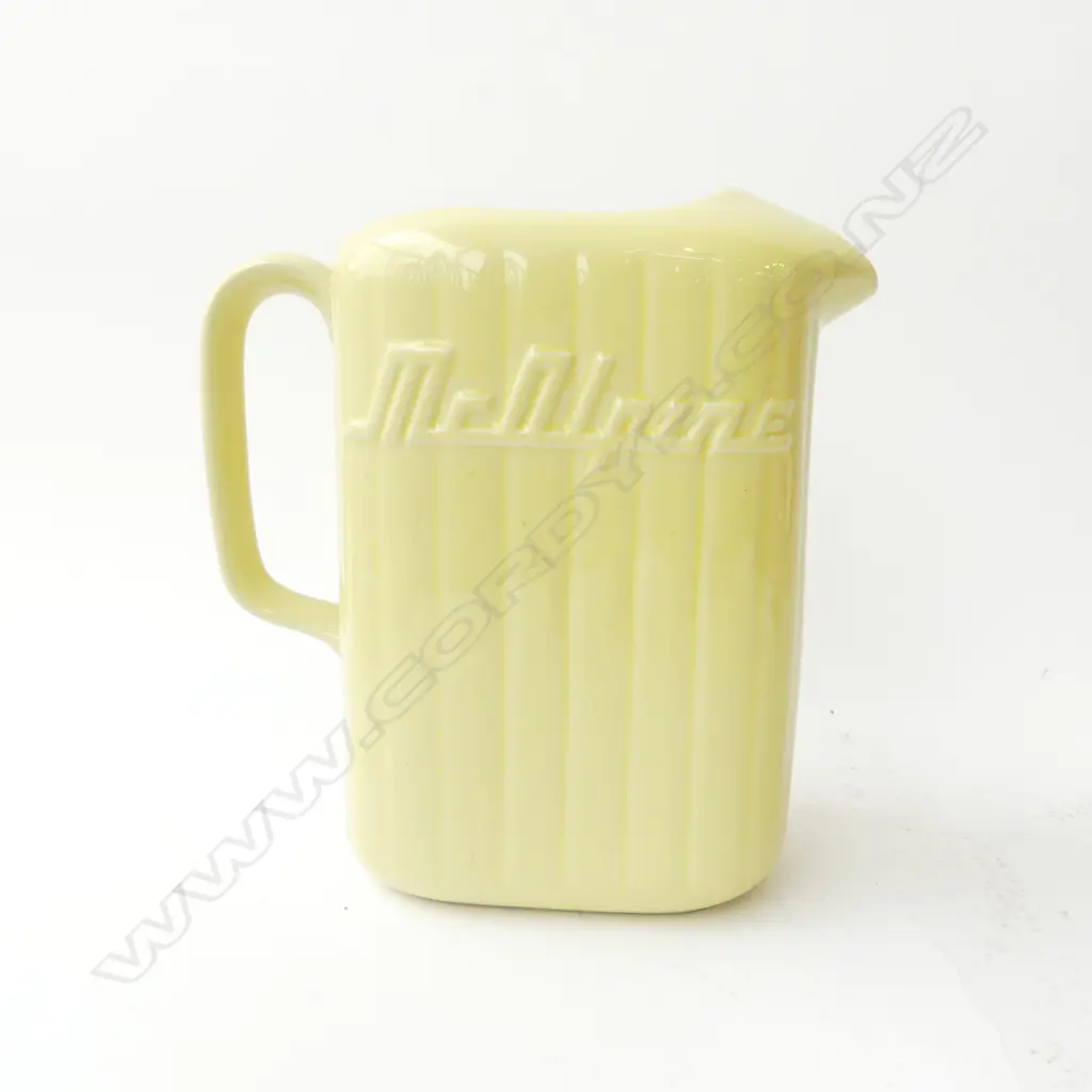 Crown Lynn original lemon yellow refrigerator jug ribbed tall rectangular section form 'McAlpine' both sides H.220mm Image 1++