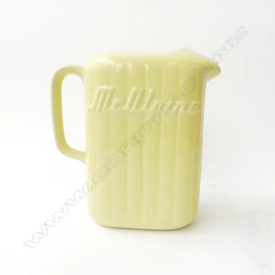 Crown Lynn original lemon yellow refrigerator jug ribbed tall rectangular section form 'McAlpine' both sides H.220mm