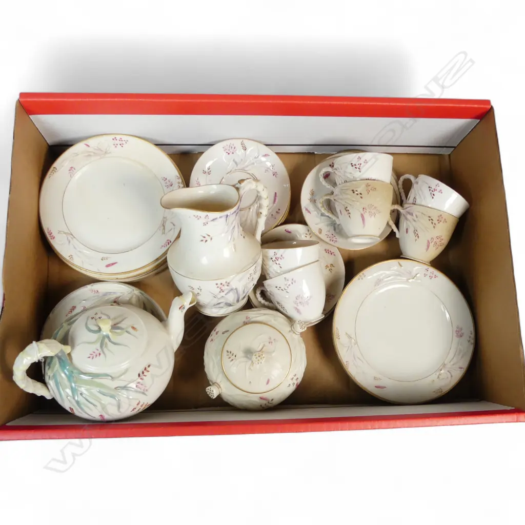 BELLECK BLACK MARK TEASET TEAPOT C/SUGAR 6CUPS 10 SAUCERS 13 SIDEPLATES & TEAPOT STAND Image 1++