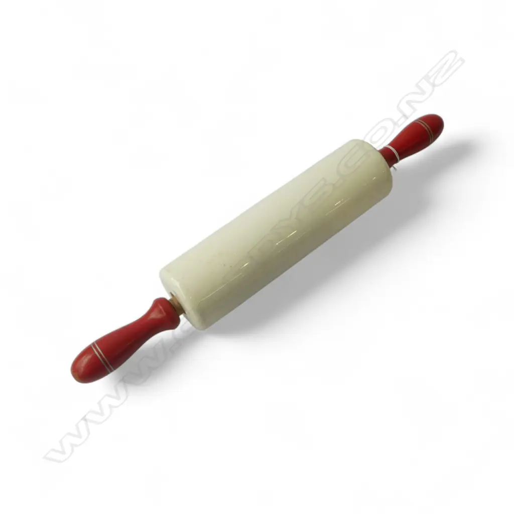 vintage ' MADE IN ENGLAND' 'NUTBROWN' CERAMIC ROLLING PIN with red painted wooden handles L.440mm Image 1++