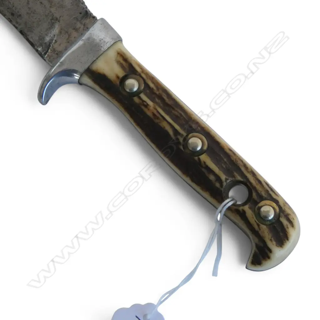 VINTAGE PUMA 'WHITE HUNTER' KNIFE L.270mm. Antler handle + stitched leather sgeath Image 1++