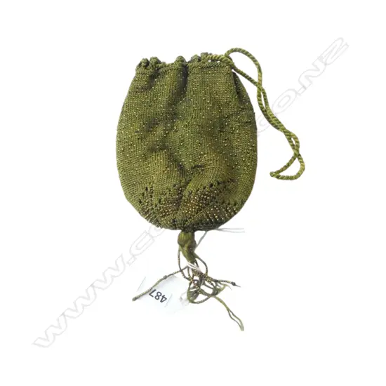 ANTIQUE PURSE, GREEN FABRIC w. GOLD BEADS L.150mm