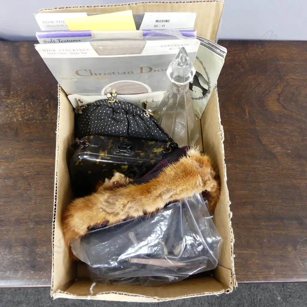 ASST. LADIES VINTAGE; DIOR STOCKINGS, FUR TRIMMED HAT, PERFUME BOTTLE, GLASSES Image 1++