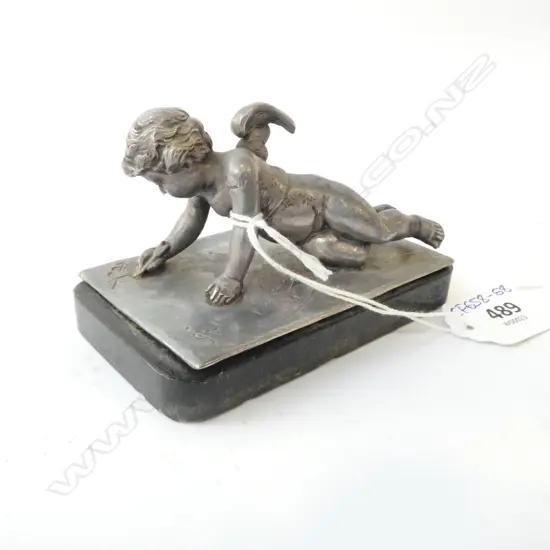 PEWTER LETTER CHERUB ORNAMENT ON MARLE BASE W.100mm 