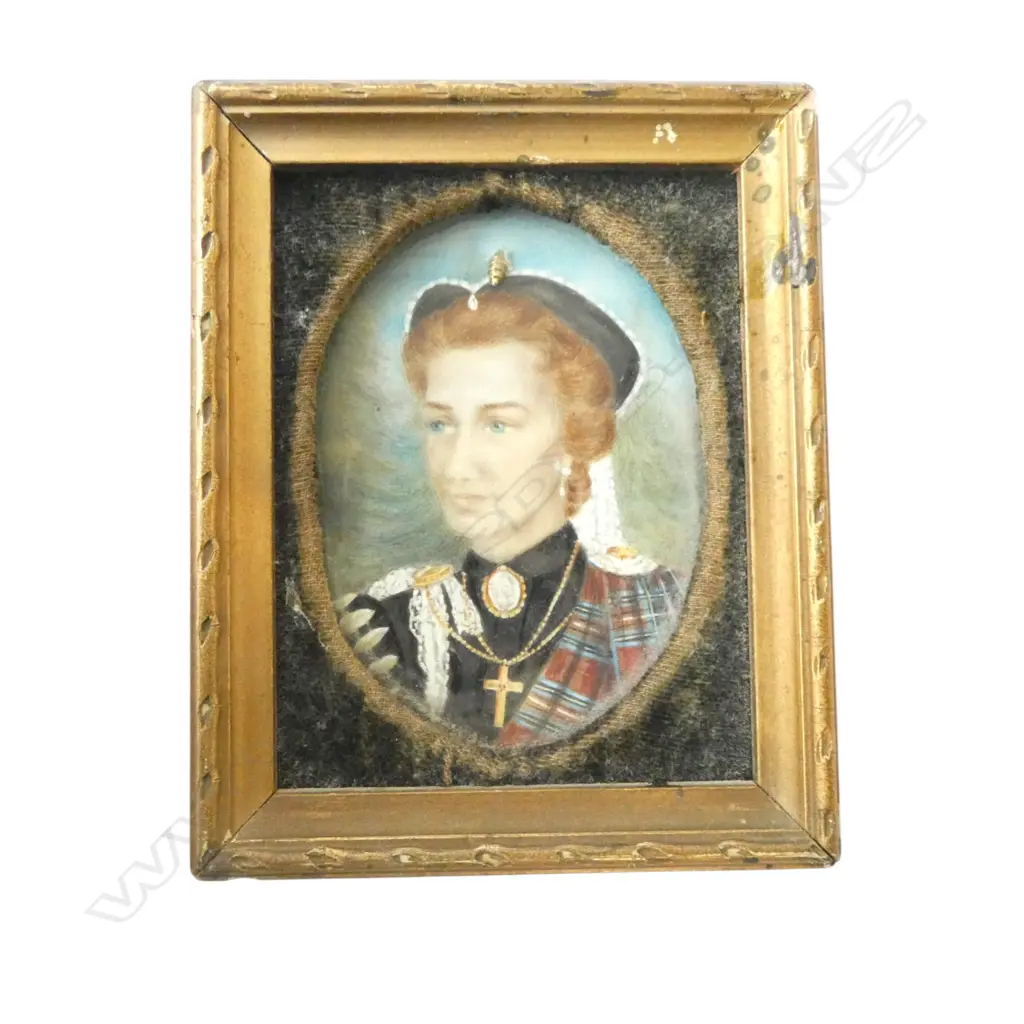 PORTRAITMINIATURE of MARY STUART QUEEN OF SCOTS. Possibly on ivory. Detailed verso. Signed illegibly & dated 75 x 551943 Image 1++
