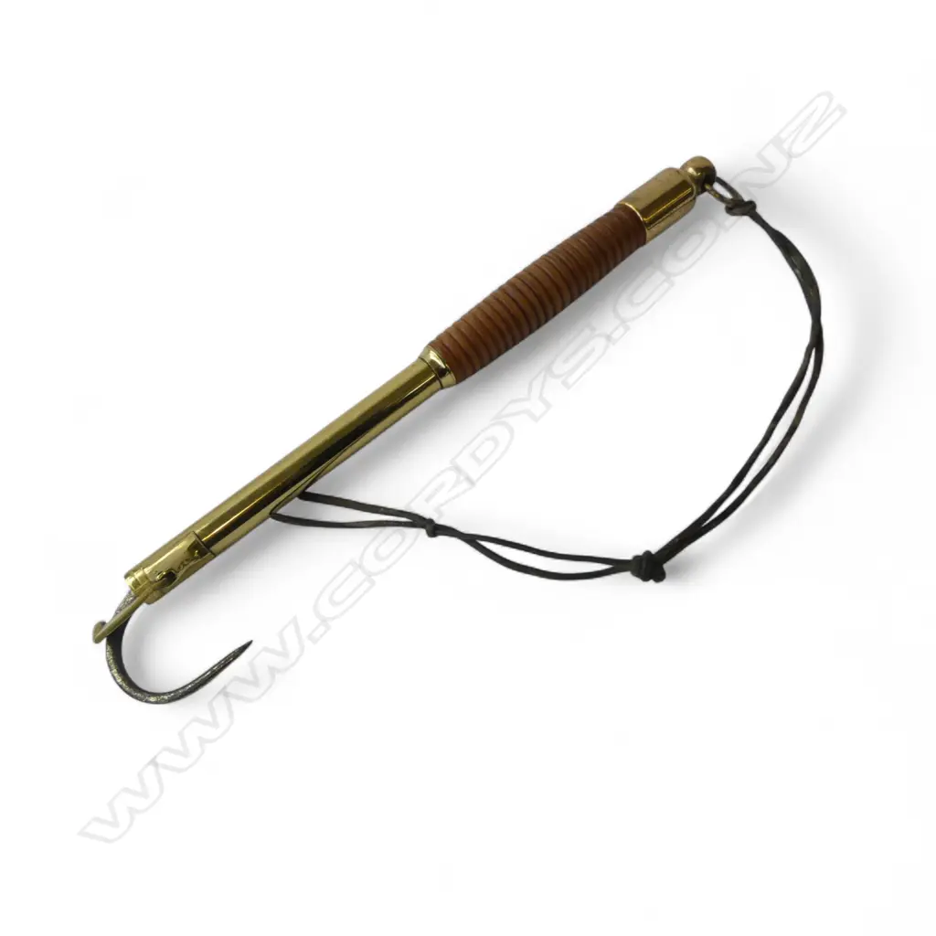 OLD POLISHED BRASS EXTENDABLE FISHING GAF with ribbed wood handle. L. extended 900mm Image 1++