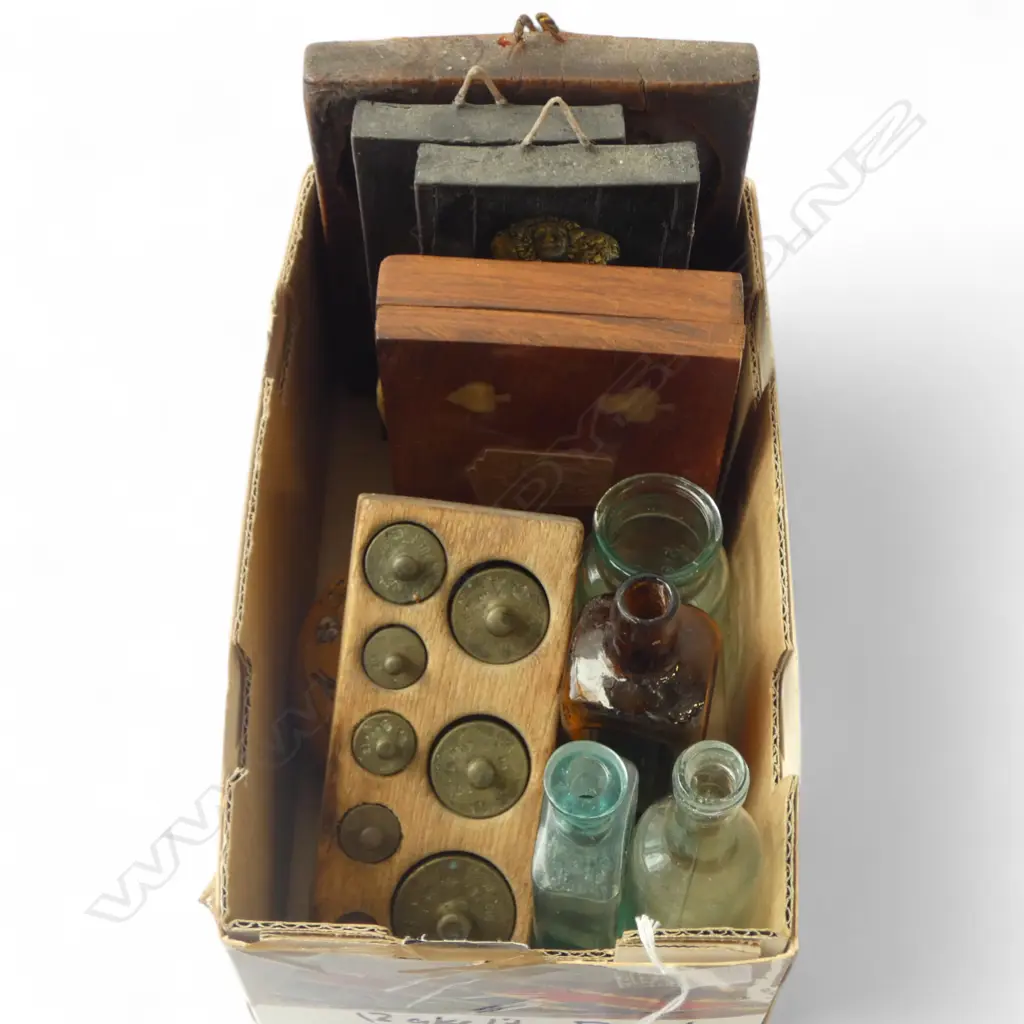 4 ANTIQUE GLASS BOTTLES, SCALE WEIGHT SET, 4 WAX PANELS, etc Image 1++