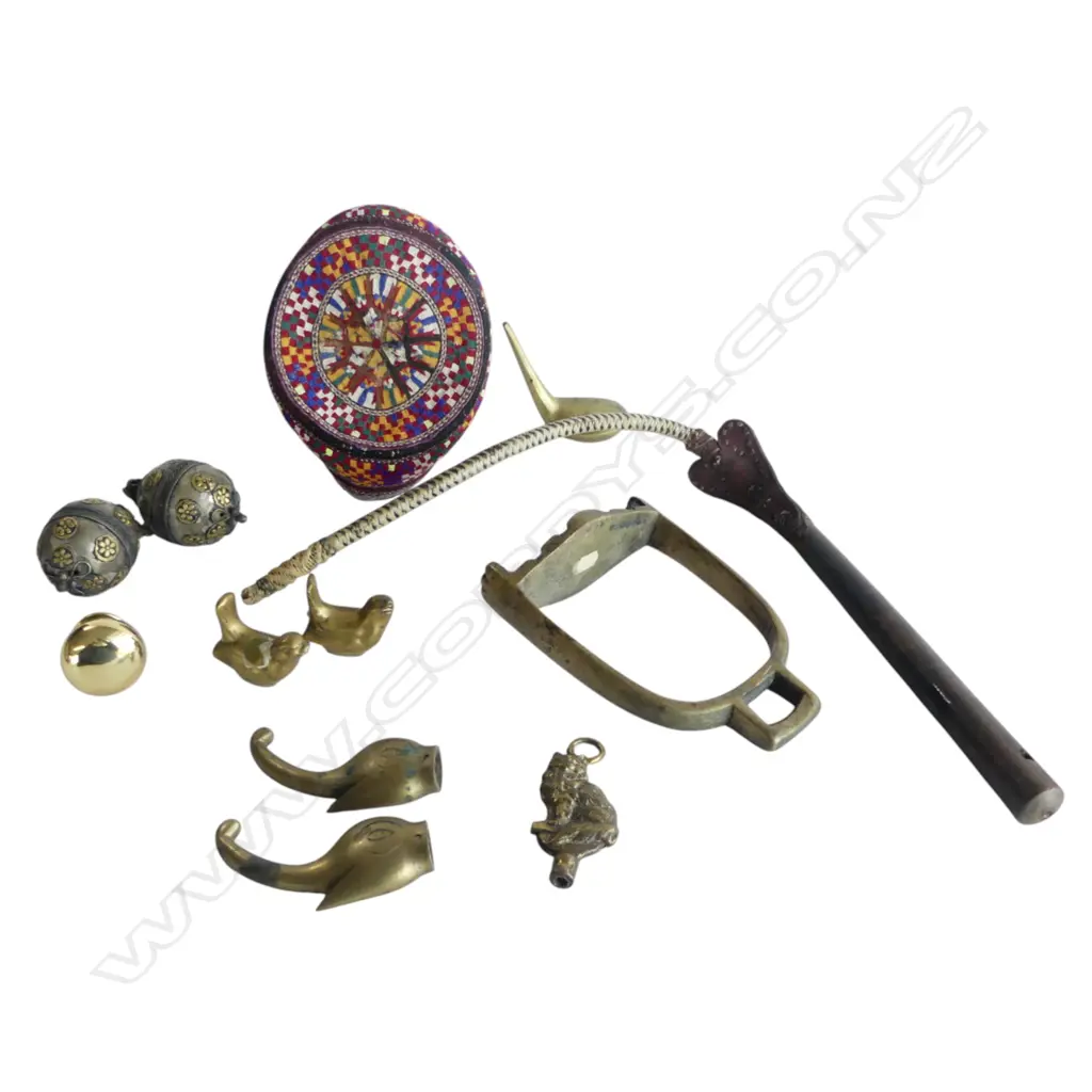 COLLECTION OLD TRIBAL BRASS + STOCK WHIP: Stirrup + birds + elephant head + stitched fez cap + golf club paperweight etc Image 1++