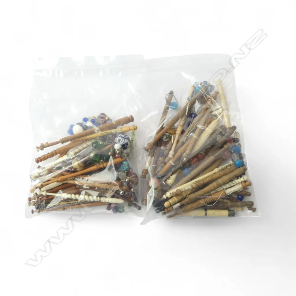 LGE COLLECTION (2 BAGS IN 1) OLD LACE MAKERS BOBBINS: WOOD BONE ETC some with glass beads Image 1++