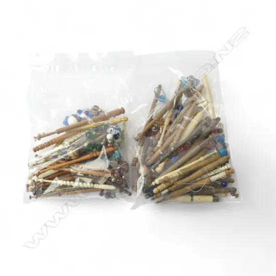 LGE COLLECTION (2 BAGS IN 1) OLD LACE MAKERS BOBBINS: WOOD BONE ETC some with glass beads