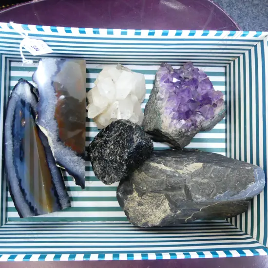 6 ROCK & CRYSTAL SPECIMENS: 2 polished agate + amethyst crystal nest + clear crystal nest etc