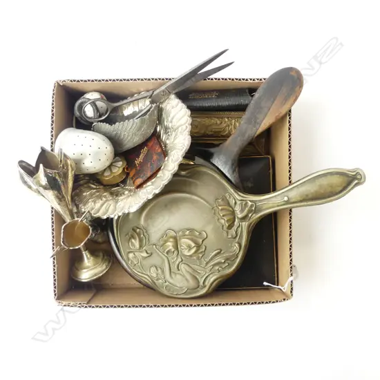 BOX SMALL COLLECTABLES: SILVER VASE + HAND MIRRORS + BRASS STAMP BOX + FORK SET -SCISSORS -NEEDLES ETC