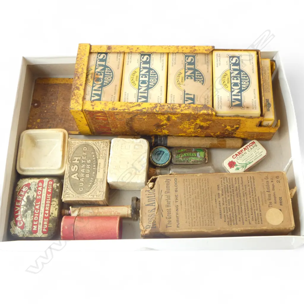 PHARMACEUTICAL MEDICINAL ITEMS DENTAL BURS IN BOX, ROSS’S ANTIDOTE OTAGO ETC  Image 1++