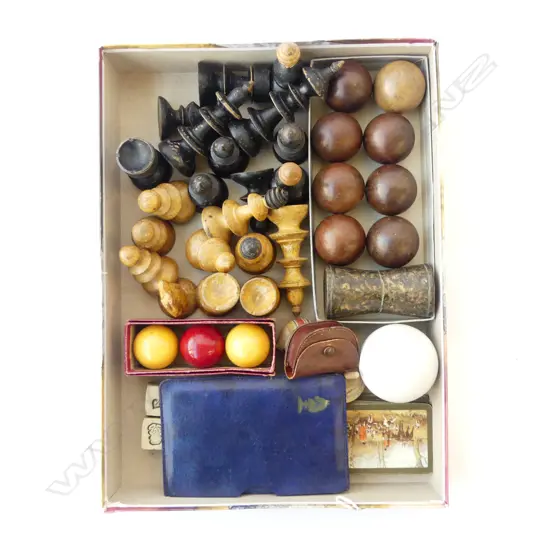 ASSTD GAMES – SPINNING TOPS, CARDS, BALLS, NZ DICE, ANTIQUE CHESS PIECES 