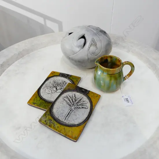 3 NZ POTTERY PCES (PR TILES 125x80mm + ORB), JOHN CAMPBELL (TASMANIA) JUG H.70mm