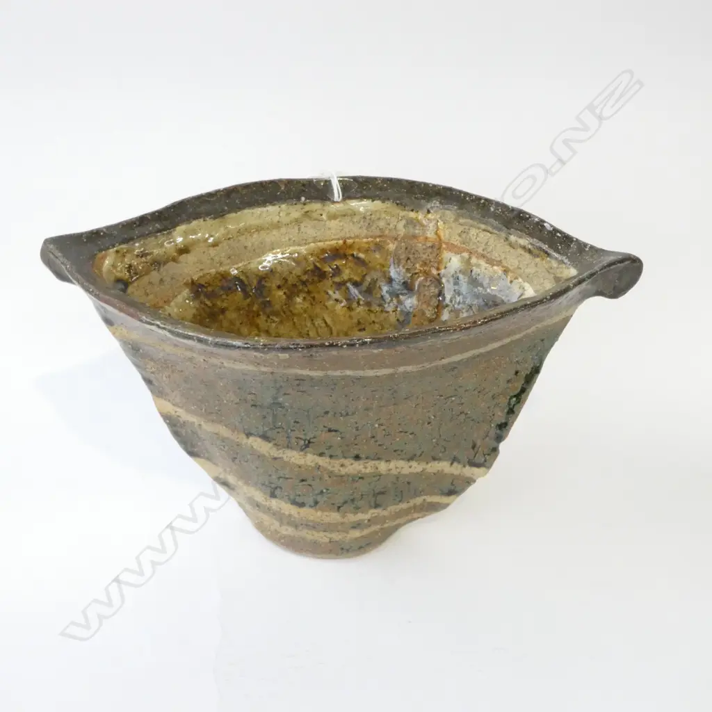 CONTEMPORARY JAPANESE POTTERY VESSEL elliptical form w banded glaze. H.180mm Image 1++