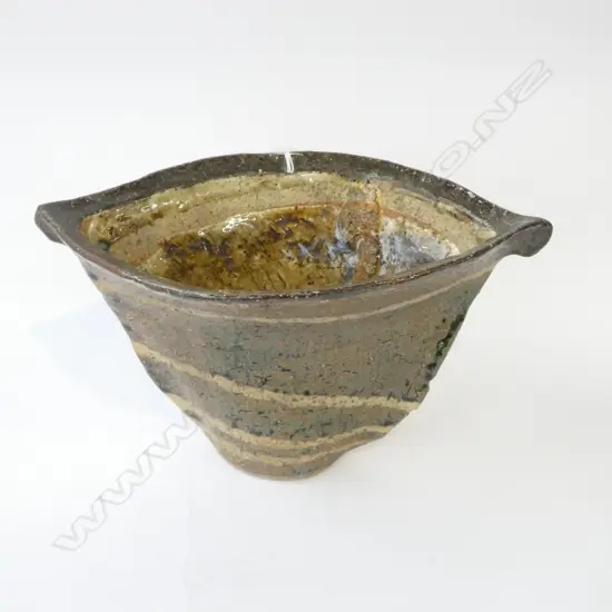 CONTEMPORARY JAPANESE POTTERY VESSEL elliptical form w banded glaze. H.180mm