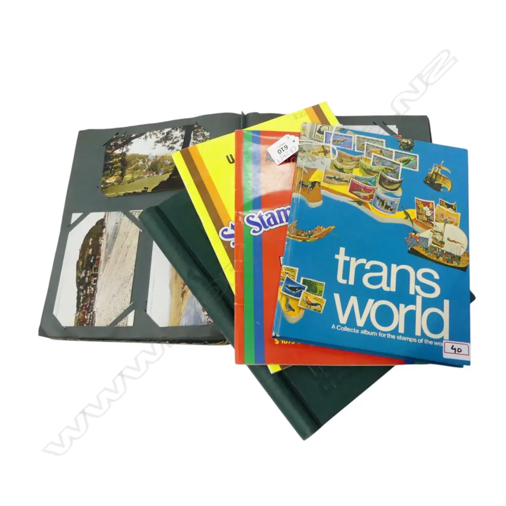 POSTCARD ALBUM, 2 STAMP ALBUMS, 2 TASMAN STAMP CATALOGUES Image 1++