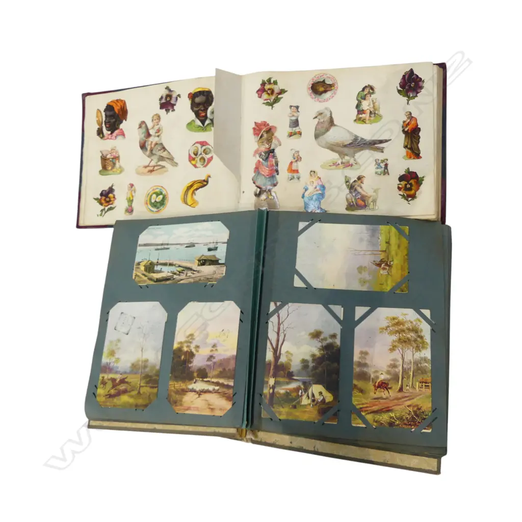 EARLY 20thC POSTCARD ALBUM + SCRAP BOOK w. STAMPS (1/4 FULL) Image 1++