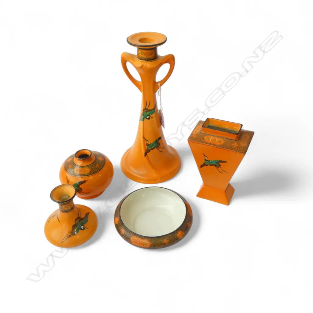 3 SHELLEY CHINA VASES BOWL & CANDLESTICK H265MM ORANGE COLOURWAY Image 1++