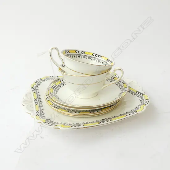 2 SHELLEY CHINA CSPS & CAKE PLATE YELLOW & BLACK PAT