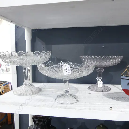 3 VINTAGE PRESSED GLASS TAZZAS lgest Dia.255mm