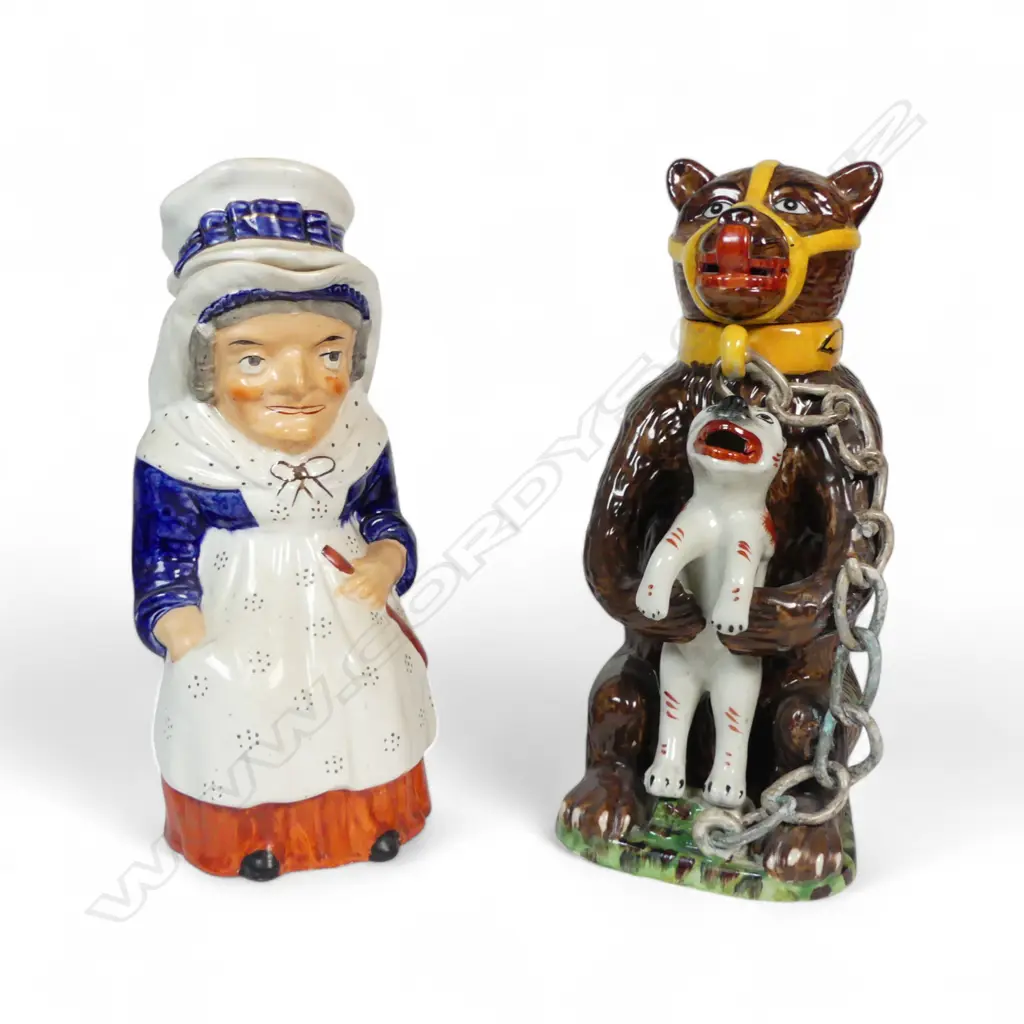 BEAR BAITING CHARACTER JUG H300MM & OLD LADY CHARACTER JUG H290MM BOTH WITH MONOR FAULTS Image 1++