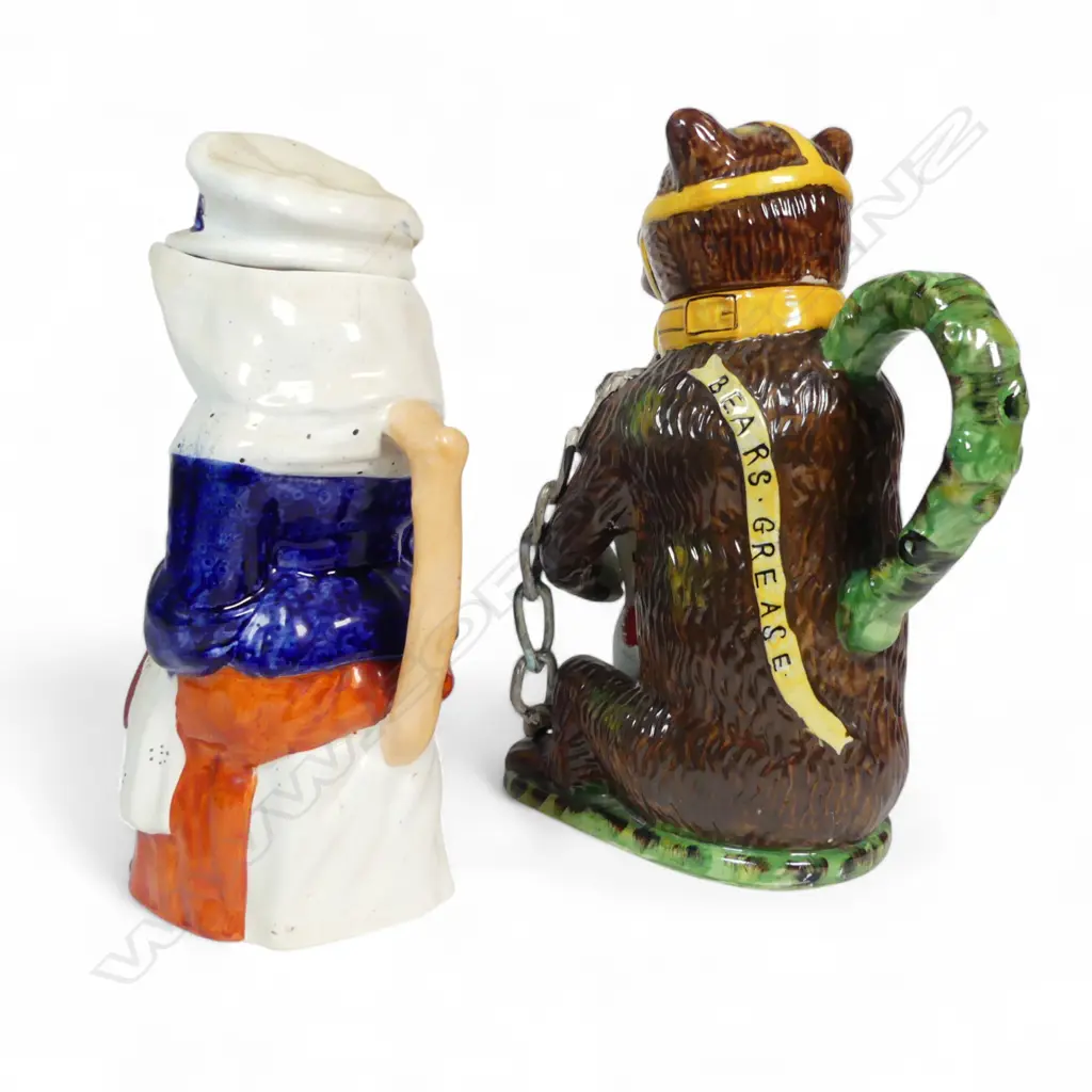 BEAR BAITING CHARACTER JUG H300MM & OLD LADY CHARACTER JUG H290MM BOTH WITH MONOR FAULTS Image 1++