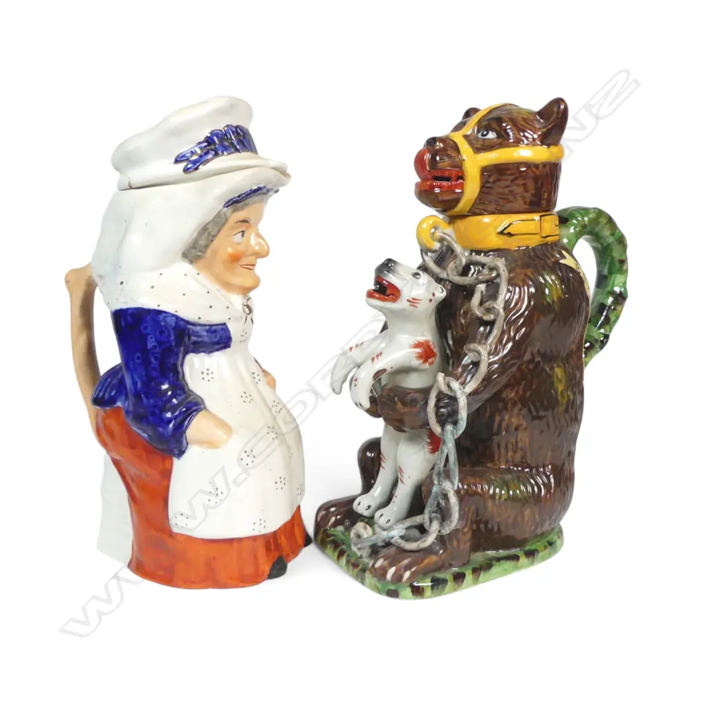 BEAR BAITING CHARACTER JUG H300MM & OLD LADY CHARACTER JUG H290MM BOTH WITH MONOR FAULTS Image 1++
