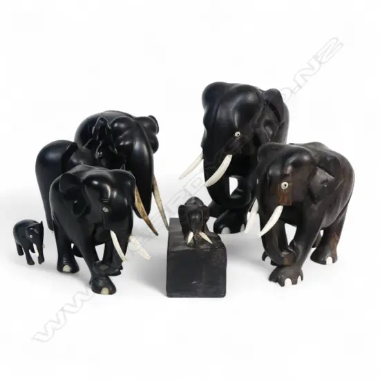 COLLECTION OF 7 EBONY ELEPHANTS H190MM TALLEST