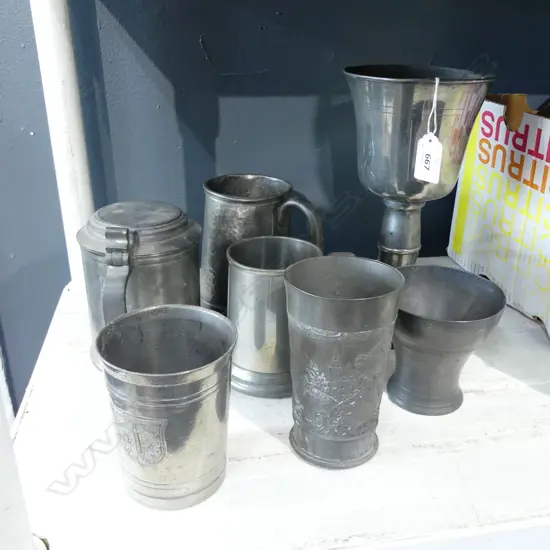 7 VINTAGE PEWTER ITEMS TANKARDS, CHALICE, & BEAKERS, H.90MM-230MM 