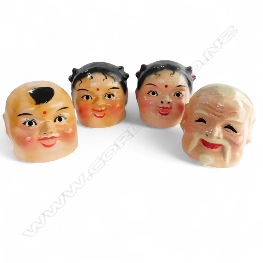 4 CHINESE 'BIG HEAD DOLL' PAPIER MACHE MASKS, H.280mm, surface paint loses Image 1++