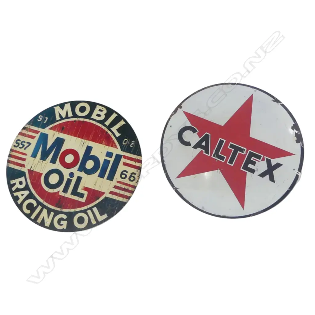 2 REPRO PETROL SIGNS; CALTEX & MOBIL OIL 200mm dia Image 1++