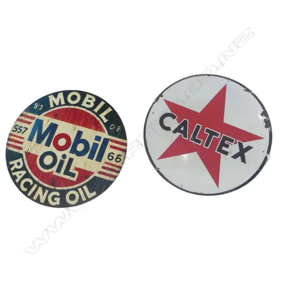 2 REPRO PETROL SIGNS; CALTEX & MOBIL OIL 200mm dia