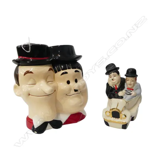 2 LAUREL AND HARDY PCES; DECANTER & LIDDED JAR