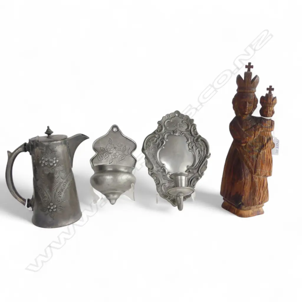 GERMAN PEWTER STOUP, JUG, SCONCE & VINTAGE WOODEN RELIGIOUS FIGURE H.290mm Image 1++