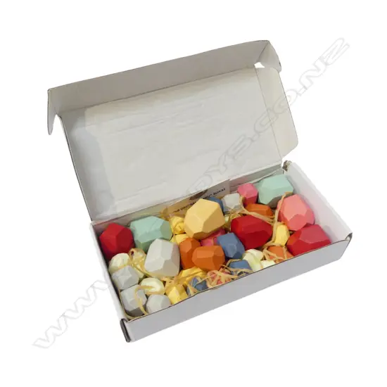 HIMIKU JAPAN, 36 HAND MADE COLOURED WOODEN GEMSTONE BLOCKS, BOXED