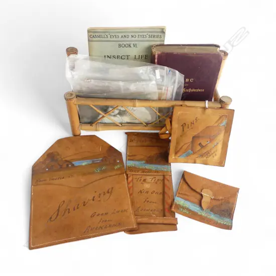 VINTAGE BAMBOO LETTER HOLDER w 4PCS VINTAGE MAORI THEMED LEATHER SOUVENIRS & ASST. EPHEMERA