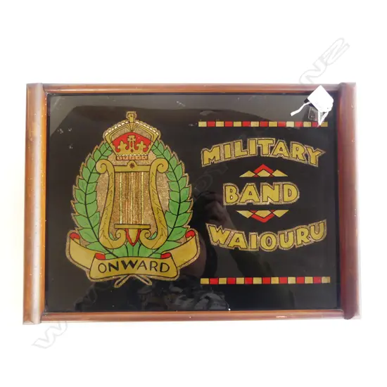VINTAGE HISTORICAL 'MILITARY BAND WAIOURU' TRAY glass with back decoration gilded & coloured. Rimu frame W.445mm 