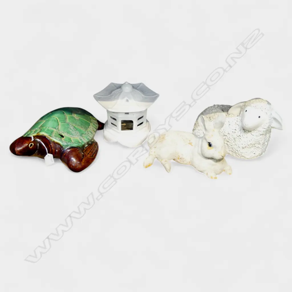 4 CERAMIC GARDEN ORNAMENTS; RABBIT, SHEEP, PAGODA, TURTLE L.360mm AF Image 1++