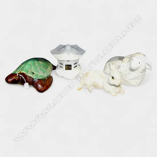 4 CERAMIC GARDEN ORNAMENTS; RABBIT, SHEEP, PAGODA, TURTLE L.360mm AF