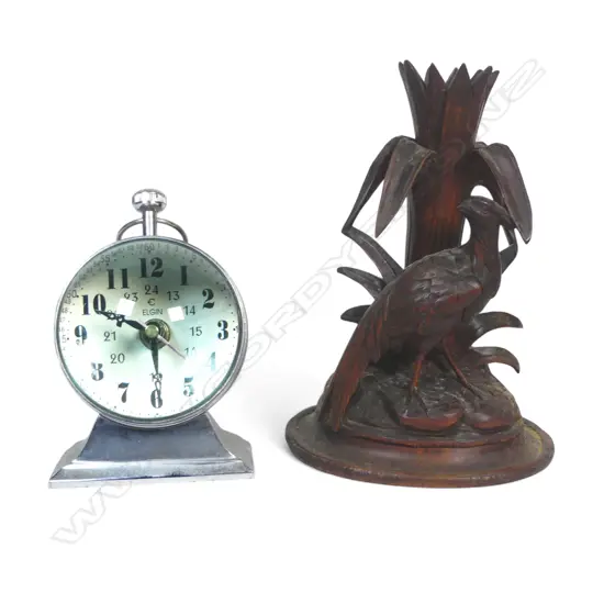 ELGIN MANTLE CLOCK H150 & CONT CARVED WOOD BIRD VASE H230MM