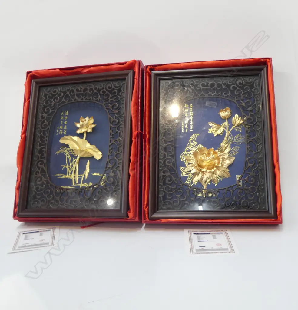 PR CHINESE GOLD FLORAL ARTWORKS, w. CERTIFICATES & BOXED 280x210mm Image 1++