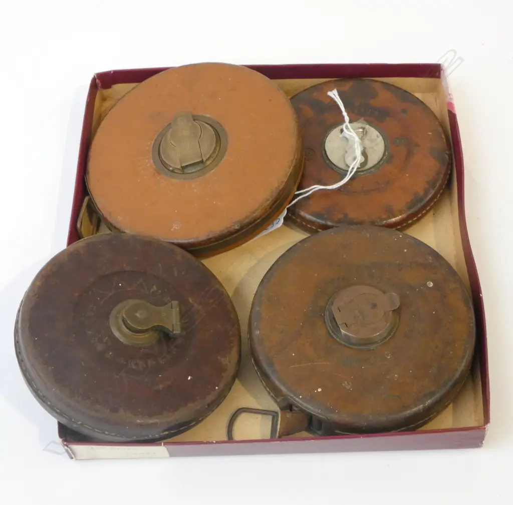 FOUR LEATHER MEASURING TAPES STEEL & LINEN RABONE, STABILA, ROE’S, D.115MM-130MM Image 1++