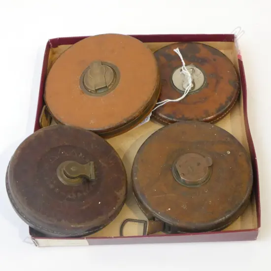 FOUR LEATHER MEASURING TAPES STEEL & LINEN RABONE, STABILA, ROE’S, D.115MM-130MM