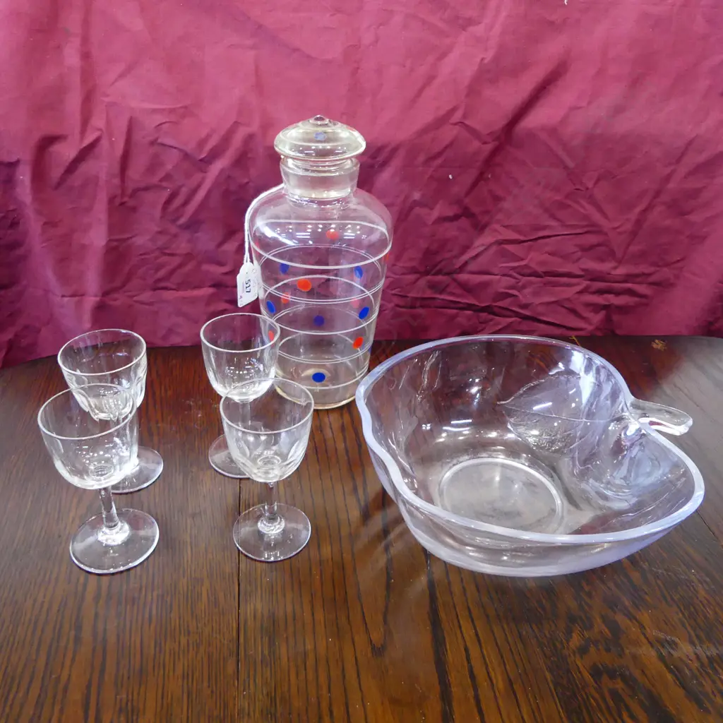 GLASS CARAFE, APPLE BOWL, 4 SHERRY GLASSES Image 1++