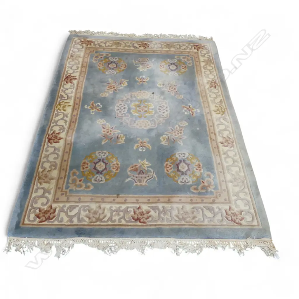 CHINESE SCULPTED PILE HAND KNOTTED RUG butterflies & florals on pale blue a couple of marks. 2200 x 1500mm Image 1++